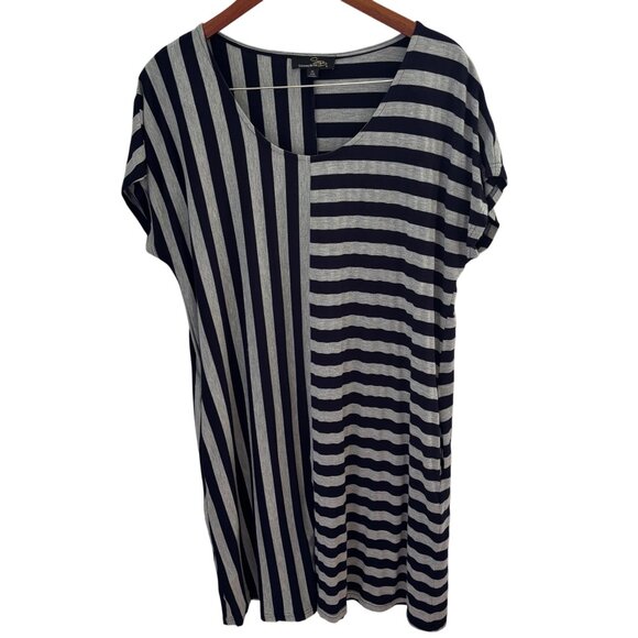 Suzanne Betro Navy Blue & Gray Striped Dress Size XL Short Sleeves - Picture 1 of 6